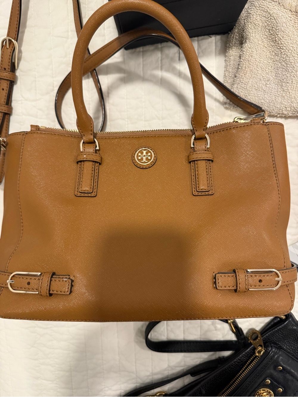 Tory Burch Caramel Brown Leather Satchel with Gold Logo